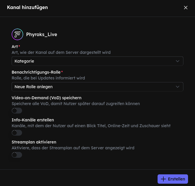 Kanal hinzufügen – Darstellungsart