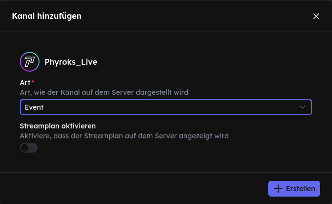 Kanal hinzufügen – Event