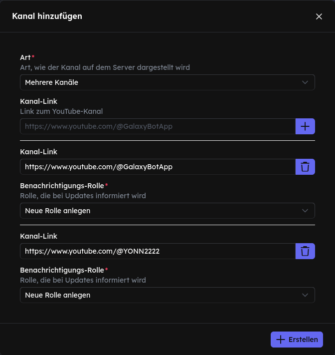 Kanal hinzufügen – Mehrere Kanäle